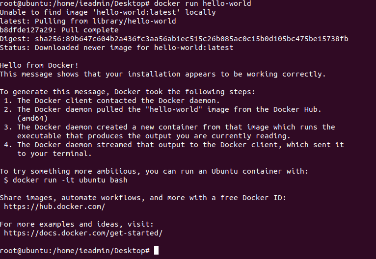Test of Hello World after Docker installation Picture_4_7_Docker_Installation_Finished